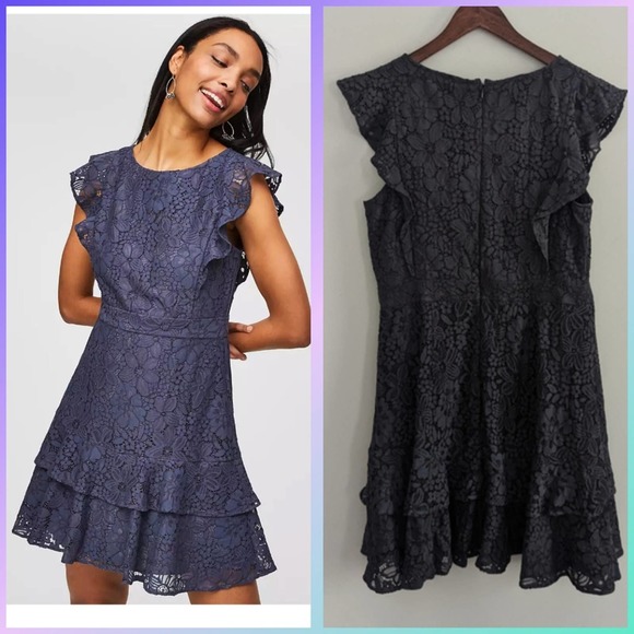 LOFT Dresses & Skirts - LOFT Dark Gray Lace Flutter Sleeve Dress Size 12 Cocktail